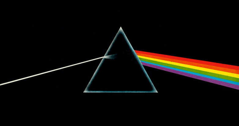 Dark side of the moon album cover prism showing the break of light to multiple colors
