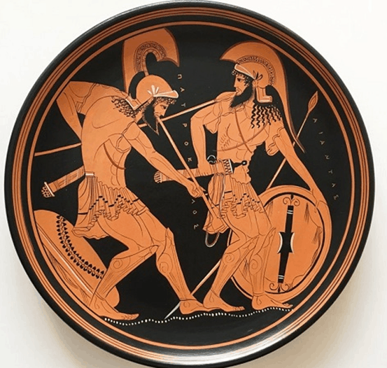 Ancient Greek plate showing an historical fight between 2 legendary warriors 
