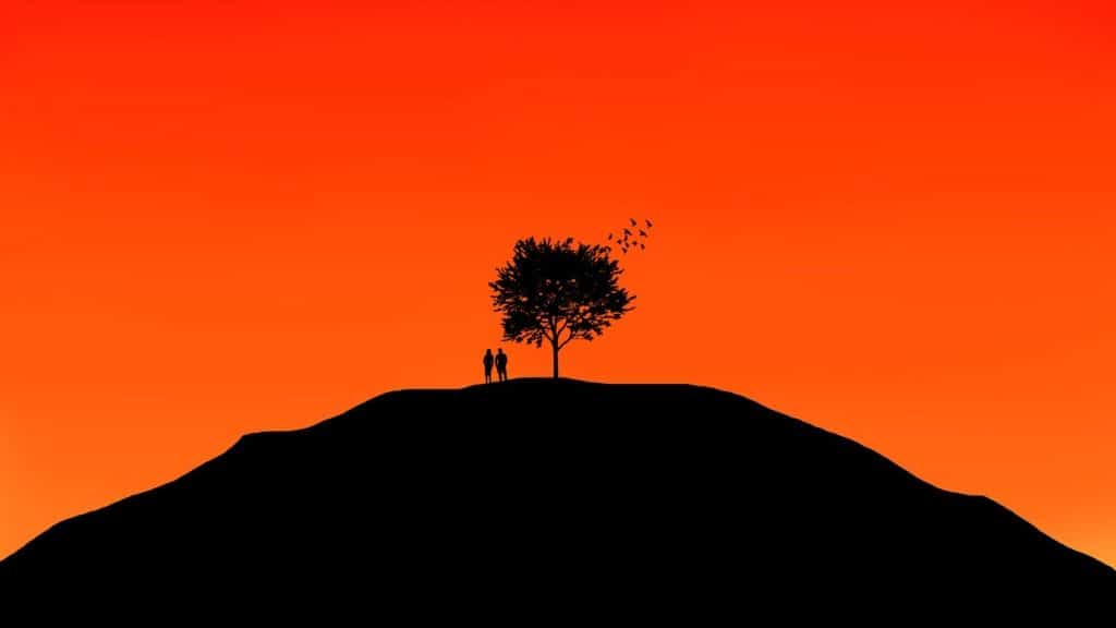 Inspirational couple hugging beneath a big tree in the sunset